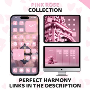 Pink App Icons, iPhone Theme Pack, Aesthetic Pink Rose Icons, Art Widgets, Light & Dark Wallpapers, Personalized iPhone Home Screen image 8