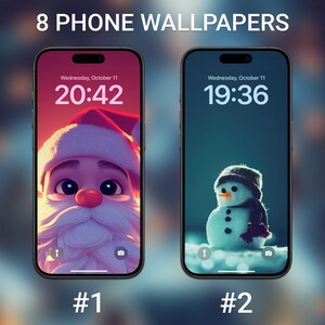 Puede incluir: Dos fondos de pantalla para tel&eacute;fono, uno con un Pap&aacute; Noel de dibujos animados y el otro con un mu&ntilde;eco de nieve. El fondo de pantalla de Pap&aacute; Noel tiene una combinaci&oacute;n de colores rosa y rojo, mientras que el fondo de pantalla del mu&ntilde;eco de nieve tiene una combinaci&oacute;n de colores azul y blanco. Ambos fondos de pantalla muestran la hora y la fecha en la pantalla.