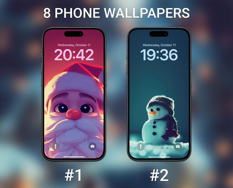 Puede incluir: Dos fondos de pantalla para tel&eacute;fono, uno con un Pap&aacute; Noel de dibujos animados y el otro con un mu&ntilde;eco de nieve. El fondo de pantalla de Pap&aacute; Noel tiene una combinaci&oacute;n de colores rosa y rojo, mientras que el fondo de pantalla del mu&ntilde;eco de nieve tiene una combinaci&oacute;n de colores azul y blanco. Ambos fondos de pantalla muestran la hora y la fecha en la pantalla.