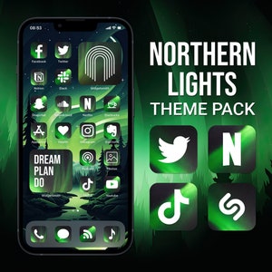 Green App Icons, Northern Lights iPhone Theme Pack, Night Aesthetic, Art Covers, Widgets, Light & Dark Wallpapers for iPhone Home Screen
