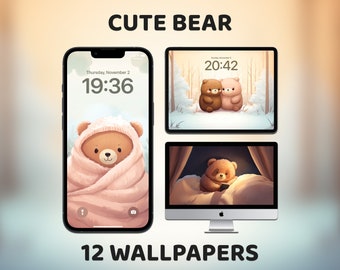 Cute Bear Desktop Wallpaper, Bear Collection, Kawaii Art, Pink and Brown Aesthetic, iPhone & iPad and Desktop Background, Custom Home Screen