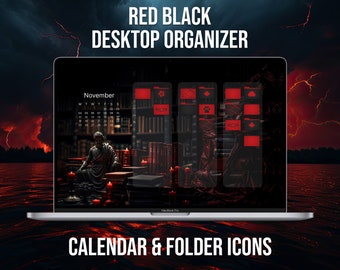 Red and Black Desktop Organizer, 2024 - 2025 Calendar, Red Desktop Wallpaper, Desktop and Folder Icons, Custom Mac and Windows Home Screen