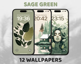 Sage Green Wallpapers, iPhone Lock Screen, iOS 17 Wallpaper, Nature Aesthetic, Boho Background, Customize iPhone Home Screen