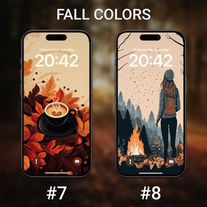 May include: Two phone screen mockups with fall-themed backgrounds. The first shows a cup of coffee with steam rising from it, surrounded by autumn leaves. The second shows a person standing in a forest with a campfire in the foreground. Both screens display the time 20:42.