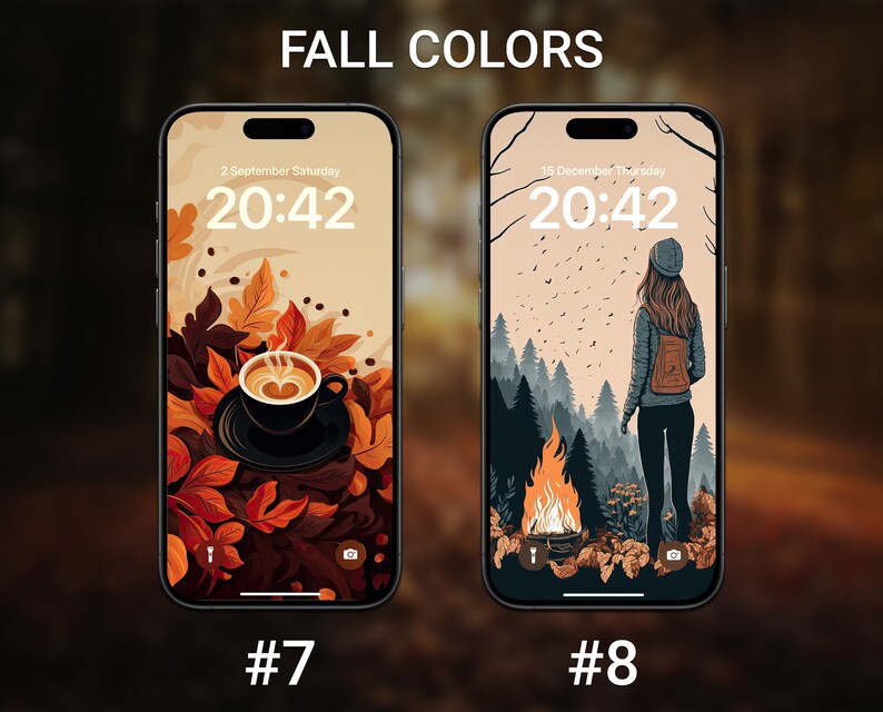 May include: Two phone screen mockups with fall-themed backgrounds. The first shows a cup of coffee with steam rising from it, surrounded by autumn leaves. The second shows a person standing in a forest with a campfire in the foreground. Both screens display the time 20:42.
