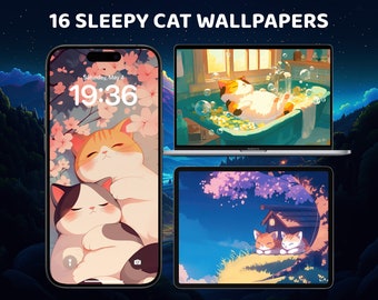 May include: Three digital screens displaying images of cats sleeping in various settings. The first screen shows a white and black cat and an orange cat sleeping under a pink cherry blossom tree. The second screen shows an orange cat sleeping in a bathtub filled with bubbles. The third screen shows two orange cats sleeping under a pink cherry blossom tree in front of a small house.