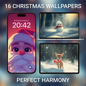 Puede incluir: Una colecci&oacute;n de 16 fondos de pantalla navide&ntilde;os con un lindo Pap&aacute; Noel de dibujos animados, un mu&ntilde;eco de nieve y un ciervo en un bosque nevado. El texto "PERFECT HARMONY" se muestra en la parte inferior de la imagen.