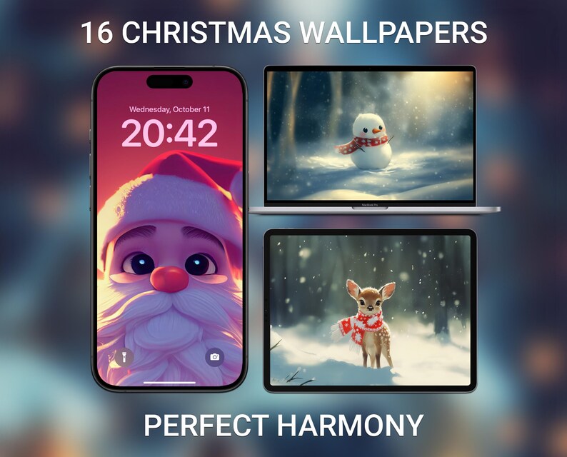 Puede incluir: Una colecci&oacute;n de 16 fondos de pantalla navide&ntilde;os con un lindo Pap&aacute; Noel de dibujos animados, un mu&ntilde;eco de nieve y un ciervo en un bosque nevado. El texto "PERFECT HARMONY" se muestra en la parte inferior de la imagen.