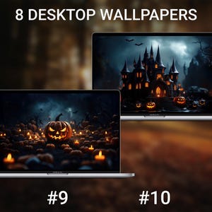 May include: Two laptops displaying Halloween-themed desktop wallpapers. One shows a spooky castle with jack-o'-lanterns, the other features a carved pumpkin surrounded by candles. The text "8 DESKTOP WALLPAPERS" is at the top, with "#9" and "#10" at the bottom.
