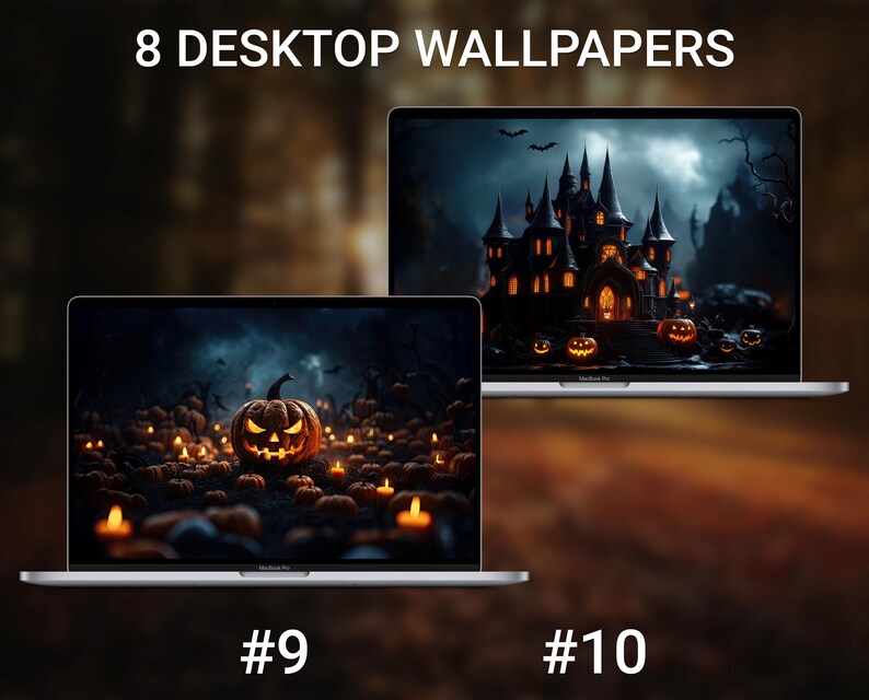 May include: Two laptops displaying Halloween-themed desktop wallpapers. One shows a spooky castle with jack-o'-lanterns, the other features a carved pumpkin surrounded by candles. The text "8 DESKTOP WALLPAPERS" is at the top, with "#9" and "#10" at the bottom.