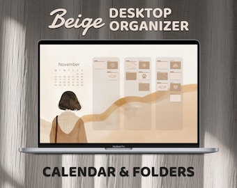 Beige Desktop Organizer, 2025 - 2026 Calendar, Desktop Wallpaper, Neutral Aesthetic, Beige Desktop Folder Icons, Custom Desktop Home Screen