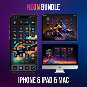Neon Desktop Wallpaper, Neon Art Bundle, 2025 Calendar, Desktop Organizer, Neon App Icons, iPhone & iPad Wallpapers, Custom Home Screen
