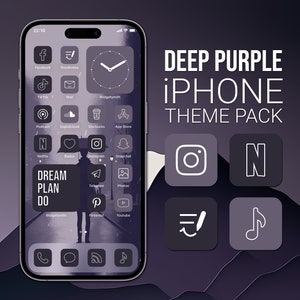 May include: A purple iPhone theme pack with icons for popular apps such as Instagram, Netflix, and Spotify. The theme features a dark purple background with white icons and text. The text "DEEP PURPLE IPHONE THEME PACK" is displayed at the top of the image.