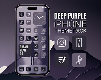May include: A purple iPhone theme pack with icons for popular apps like Instagram, Netflix, and Spotify. The theme features a dark purple background with white icons and text. The text "DEEP PURPLE IPHONE THEME PACK" is displayed at the top of the image.