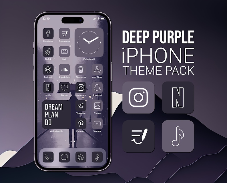 May include: A purple iPhone theme pack with icons for popular apps such as Instagram, Netflix, and Spotify. The theme features a dark purple background with white icons and text. The text "DEEP PURPLE IPHONE THEME PACK" is displayed at the top of the image.