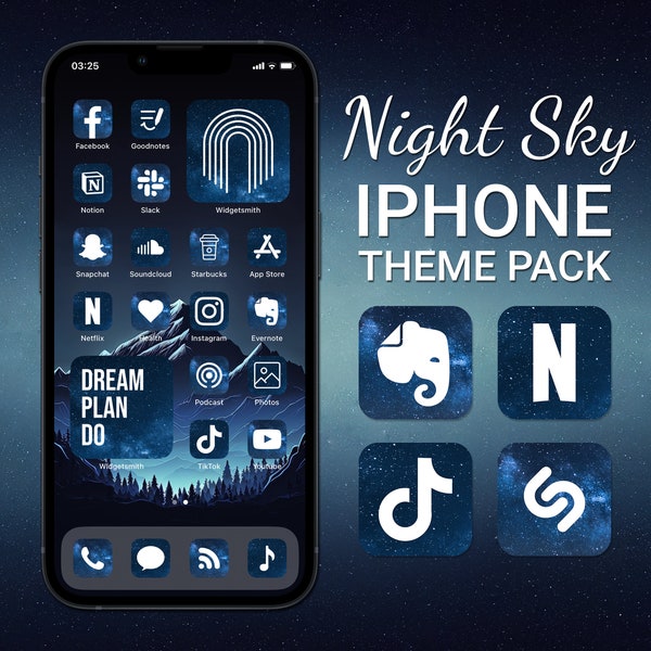 Night Sky Aesthetic, iPhone Theme Pack, Blue and Black App Icons, Widget Quotes, Light & Dark Wallpapers, Custom iPhone Home Screen