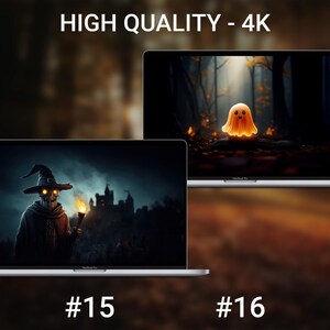 May include: Two MacBook Pro laptops displaying digital art. One shows a spooky figure with a torch and a castle, labeled #15. The other features a glowing ghost in a forest, labeled #16. The text "HIGH QUALITY - 4K" is at the top.
