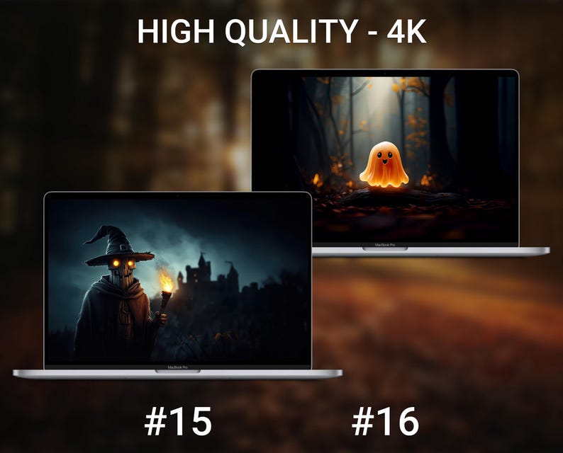 May include: Two MacBook Pro laptops displaying digital art. One shows a spooky figure with a torch and a castle, labeled #15. The other features a glowing ghost in a forest, labeled #16. The text "HIGH QUALITY - 4K" is at the top.
