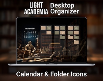 Light Academia Desktop Organizer, Greek Statue Desktop Wallpaper, 2024 - 2025 Calendar, Brown and Green Folder Icons, Custom Home Screen