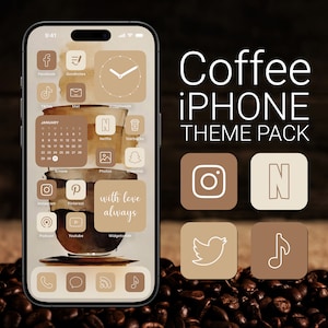 May include: A coffee-themed iPhone home screen with custom icons. The icons are in a brown and beige color scheme and feature simple line drawings of popular apps like Instagram, Netflix, Twitter, and Spotify. The background is a watercolor illustration of a coffee cup.