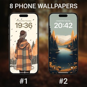 May include: Two phone wallpapers, one with a woman in a plaid jacket walking in a forest and the other with a lake and cabin in a forest. The first wallpaper has the time 19:36 and the date 15 December Thursday. The second wallpaper has the time 20:42 and the date 2 September Saturday.