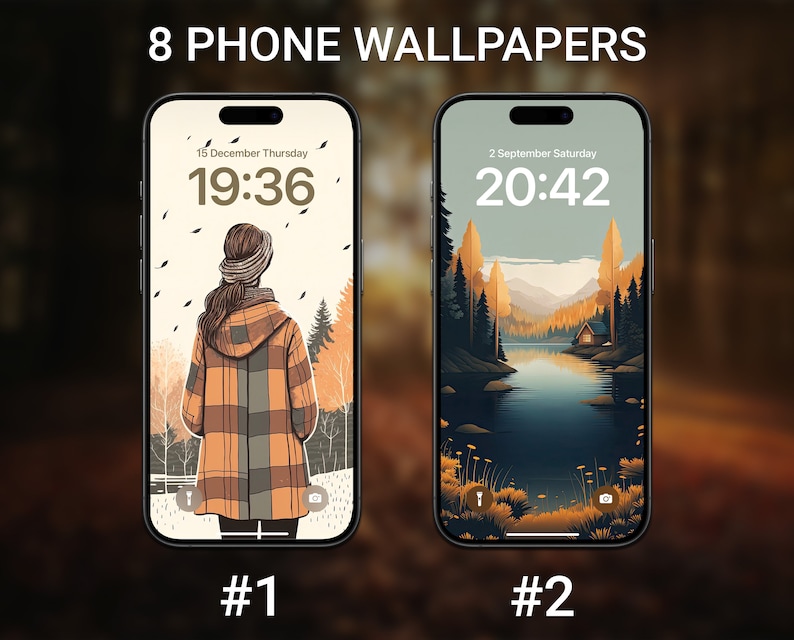 May include: Two phone wallpapers, one with a woman in a plaid jacket walking in a forest and the other with a lake and cabin in a forest. The first wallpaper has the time 19:36 and the date 15 December Thursday. The second wallpaper has the time 20:42 and the date 2 September Saturday.