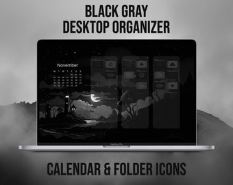 Black Gray Desktop Wallpaper, Desktop Organizer, 2024 - 2025 Calendar, Black and Gray Desktop Folder Icons, Custom Mac Home Screen