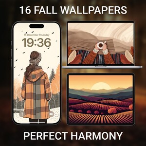 May include: A collection of 16 fall-themed wallpapers featuring a variety of scenes, including a woman in a plaid jacket walking through a forest, a person enjoying a cup of coffee with a view of a mountain range, and a sunset over a field of rolling hills. The text "PERFECT HARMONY" is displayed below the images.