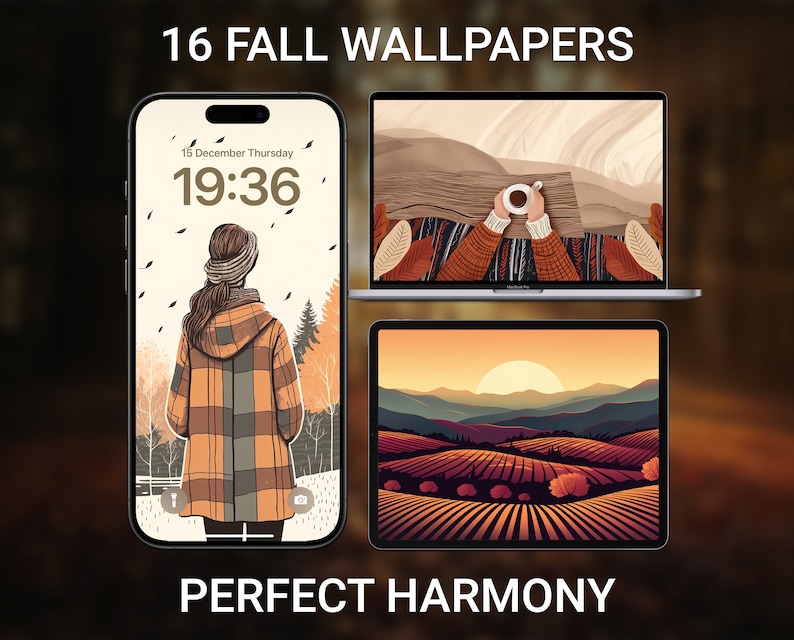May include: A collection of 16 fall-themed wallpapers featuring a variety of scenes, including a woman in a plaid jacket walking through a forest, a person enjoying a cup of coffee with a view of a mountain range, and a sunset over a field of rolling hills. The text "PERFECT HARMONY" is displayed below the images.