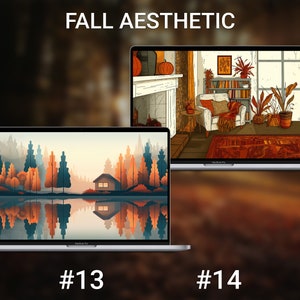 May include: Two laptop screens displaying fall-themed digital art. The first screen shows a lake with a cabin in the background and trees with orange, yellow, and green leaves reflected in the water. The second screen shows a cozy living room with a fireplace, a bookshelf, and a comfy armchair. The text "FALL AESTHETIC" is displayed above the laptops.