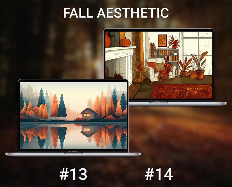 May include: Two laptop screens displaying fall-themed digital art. The first screen shows a lake with a cabin in the background and trees with orange, yellow, and green leaves reflected in the water. The second screen shows a cozy living room with a fireplace, a bookshelf, and a comfy armchair. The text "FALL AESTHETIC" is displayed above the laptops.