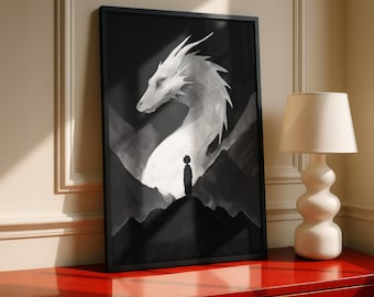 Lámina artística de dragón épico, póster imprimible de criatura mítica monocromática, arte mural de fantasía moderna