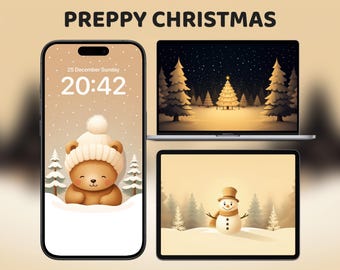 Fondos de pantalla navideños preppy, fondos de osos y muñecos de nieve, colección festiva, estética invernal acogedora
