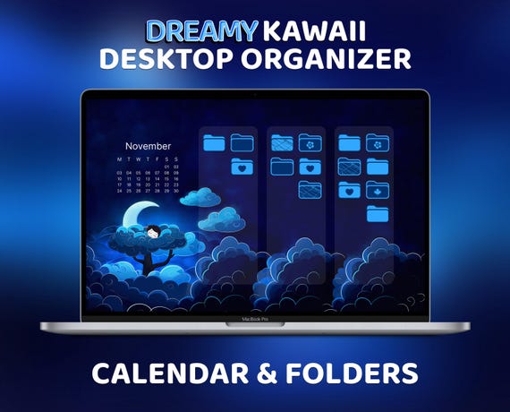 Cute Kawaii Desktop Icon, Dreamy Desktop Organizer, Cutecore Aesthetic Calendar, Desktop Wallpaper, Blue Folder Icons, Custom Home Screen