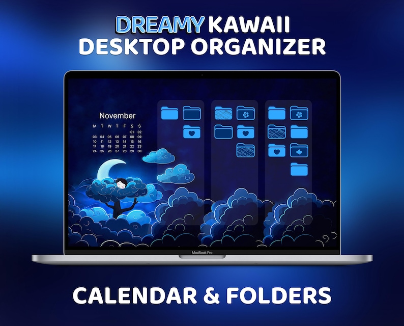 Schattig kawaii bureaubladpictogram, dromerige desktop-organizer, Cutecore Aesthetic Calendar, bureaubladachtergrond, blauwe mappictogrammen, aangepast startscherm afbeelding 1