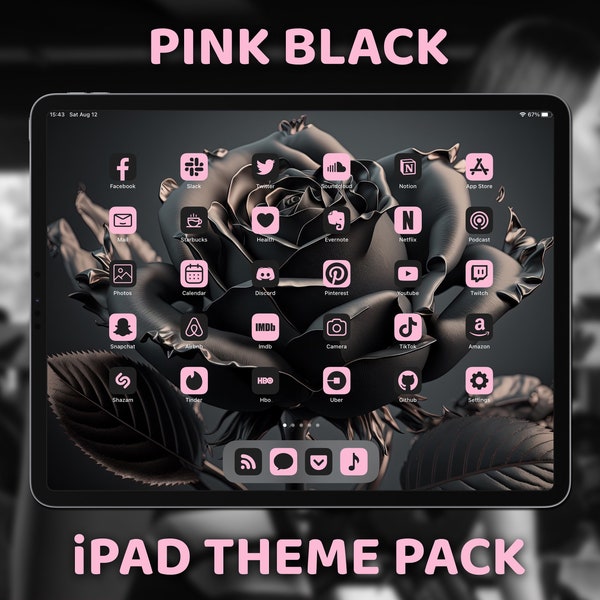 App Icons Pink and Black, iPad Theme Pack, Aesthetic iOS Icons, Art Covers, Widget Quotes, Light & Dark Wallpapers, Custom iPad Home Screen