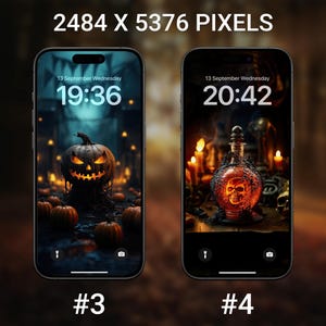 May include: Two smartphone screens displaying Halloween-themed wallpapers. One shows a glowing jack-o'-lantern with pumpkins, the other a skull in a potion bottle with candles. The time is displayed on each screen.