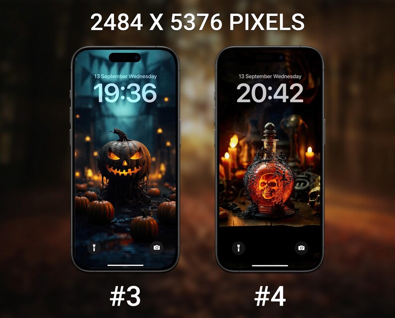 May include: Two smartphone screens displaying Halloween-themed wallpapers. One shows a glowing jack-o'-lantern with pumpkins, the other a skull in a potion bottle with candles. The time is displayed on each screen.