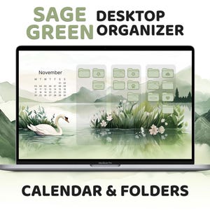 Op de afbeelding: Een laptopscherm dat een bureaublad-organizer toont met een kalender voor november en mappen met pictogrammen. De achtergrond is een aquarel van een meer met bergen en een witte zwaan die in het water zwemt.