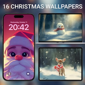 Puede incluir: Tres pantallas digitales que muestran fondos de pantalla con tem&aacute;tica navide&ntilde;a. La primera pantalla muestra un Pap&aacute; Noel de dibujos animados con barba rosa y roja. La segunda pantalla muestra un mu&ntilde;eco de nieve con una bufanda roja y blanca de pie en un bosque nevado. La tercera pantalla muestra un ciervo con una bufanda roja y blanca de pie en un bosque nevado.