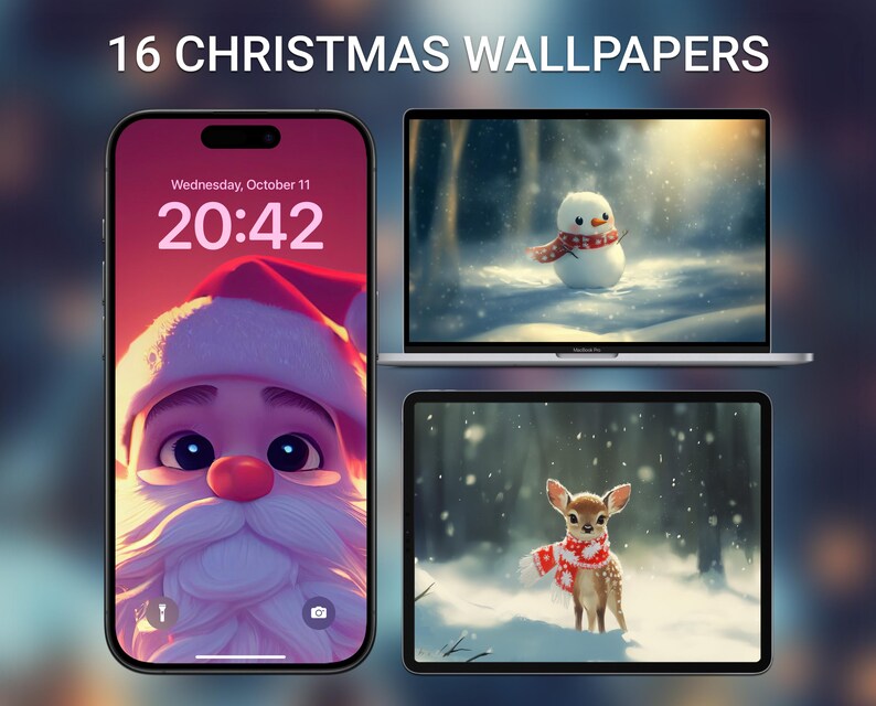 Puede incluir: Tres pantallas digitales que muestran fondos de pantalla con tem&aacute;tica navide&ntilde;a. La primera pantalla muestra un Pap&aacute; Noel de dibujos animados con barba rosa y roja. La segunda pantalla muestra un mu&ntilde;eco de nieve con una bufanda roja y blanca de pie en un bosque nevado. La tercera pantalla muestra un ciervo con una bufanda roja y blanca de pie en un bosque nevado.