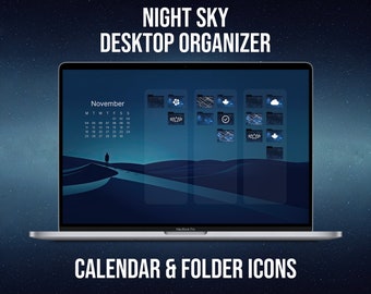 Night Sky Desktop Wallpaper, 2024 - 2025 Calendar, Desktop Organizer, Blue Sky Aesthetic, Folder Icons, Custom Desktop Home Screen