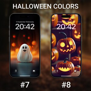 May include: Two smartphone screens displaying Halloween-themed wallpapers. One features a smiling white ghost against an orange background, labeled #7. The other shows carved pumpkins with glowing faces, labeled #8. The text "HALLOWEEN COLORS" is at the top.