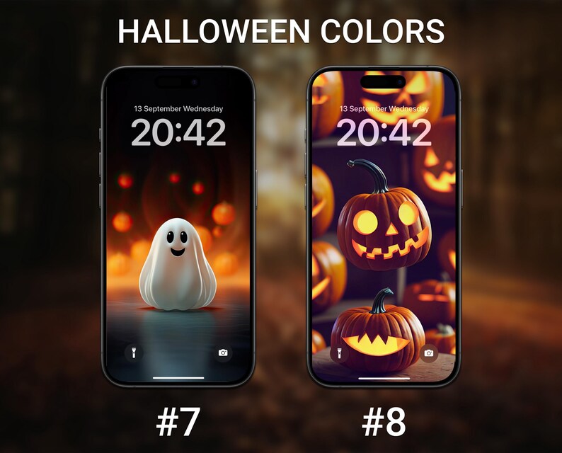 May include: Two smartphone screens displaying Halloween-themed wallpapers. One features a smiling white ghost against an orange background, labeled #7. The other shows carved pumpkins with glowing faces, labeled #8. The text "HALLOWEEN COLORS" is at the top.