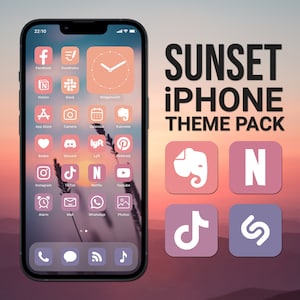 May include: A digital mockup of an iPhone screen with a sunset themed icon pack. The icons are in a grid pattern and feature a variety of popular apps, including Facebook, Instagram, TikTok, and Netflix. The icons are designed in a minimalist style with white icons on a pink and orange background.