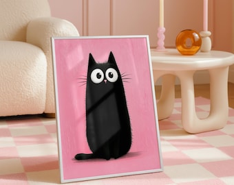 Pink Black Cat Wall Art Print, Cute Kawaii Cat Poster, Whimsical Cat Home Decor