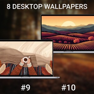 May include: Two laptop screens displaying desktop wallpapers. The top screen shows a sunset over a field of hills. The bottom screen shows a person holding a cup of coffee with a mountain scene in the background.