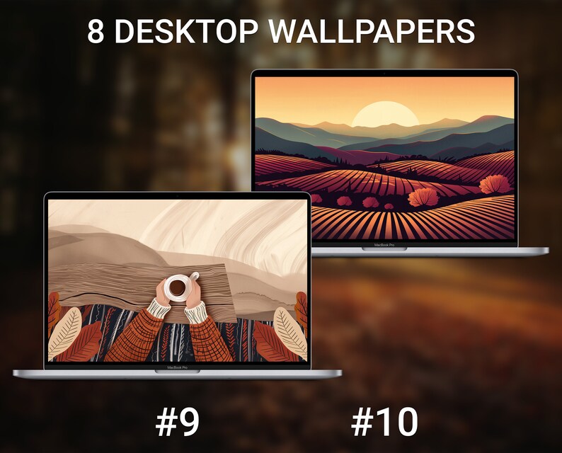 May include: Two laptop screens displaying desktop wallpapers. The top screen shows a sunset over a field of hills. The bottom screen shows a person holding a cup of coffee with a mountain scene in the background.