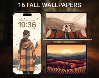 May include: A collection of 16 autumn-themed wallpapers featuring a woman in a plaid jacket walking through a forest, a cup of coffee on a wooden table with a mountain view, and a landscape with rolling hills and a sunset.