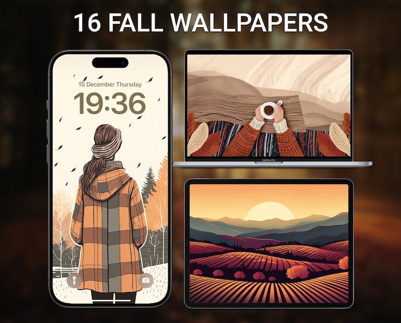 May include: A collection of 16 fall-themed wallpapers featuring a woman in a plaid jacket walking through a forest, a cup of coffee on a wooden table with a mountain view, and a landscape with rolling hills and a sunset.